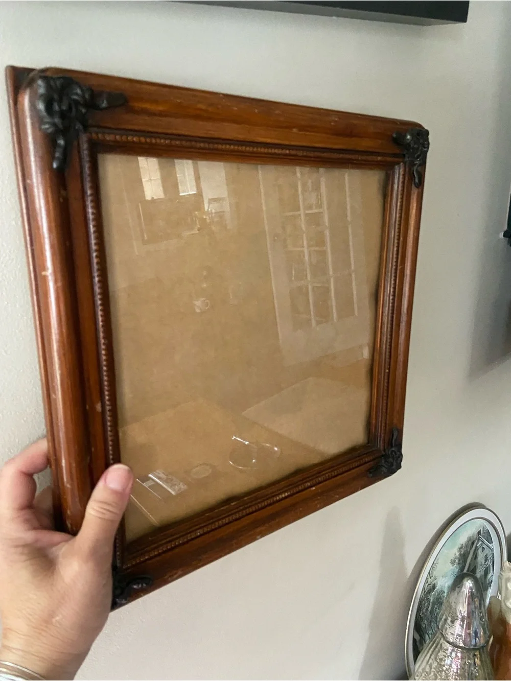 Vintage Square Brown Wood with Decorative Cast Metal Wall Frame